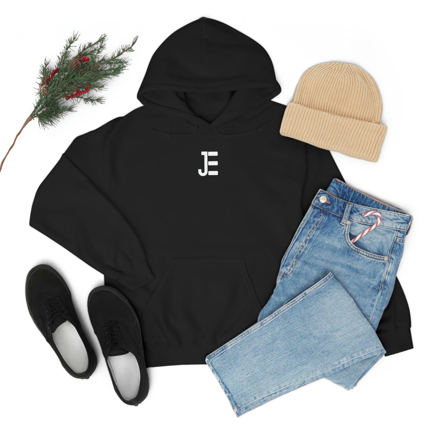 Front / Back JE Letter Logo Black Hooded Sweatshirt