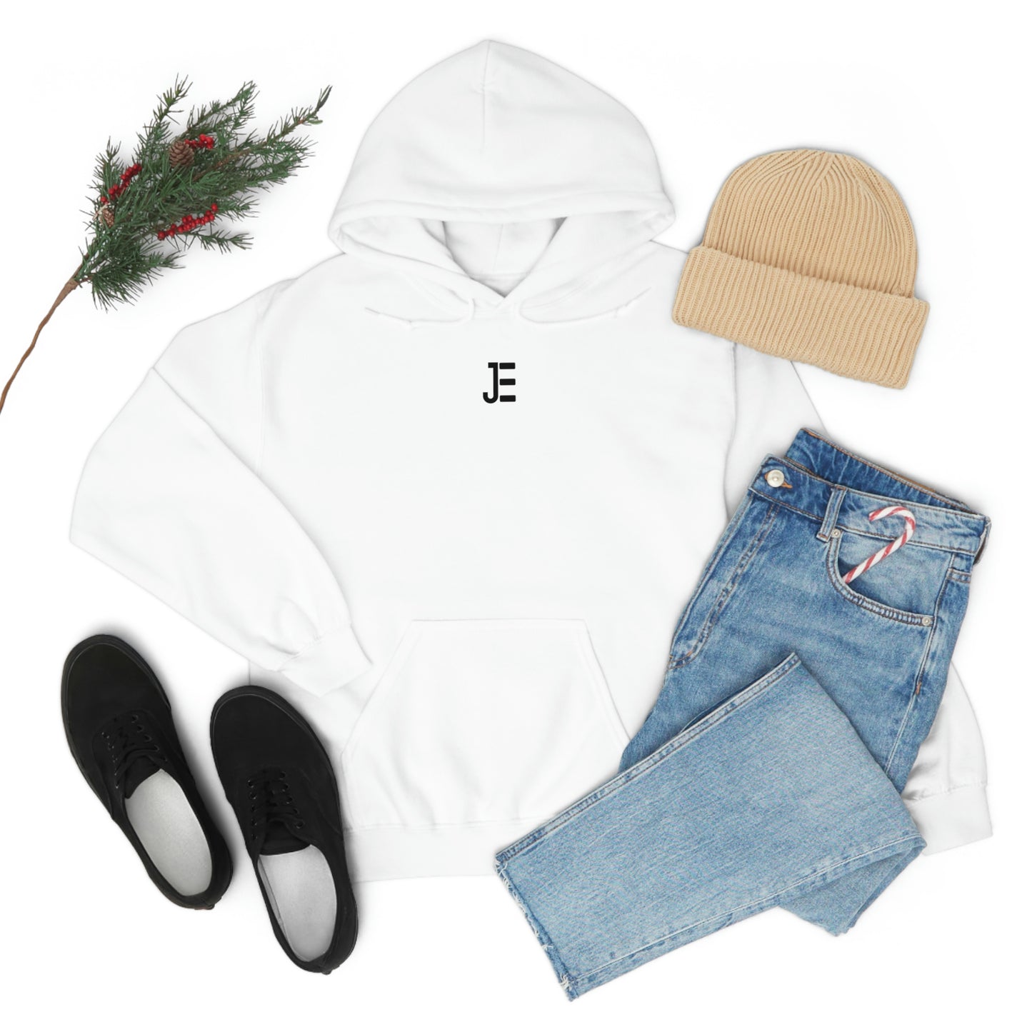 Front JE Black Letter Logo Hooded Sweatshirt
