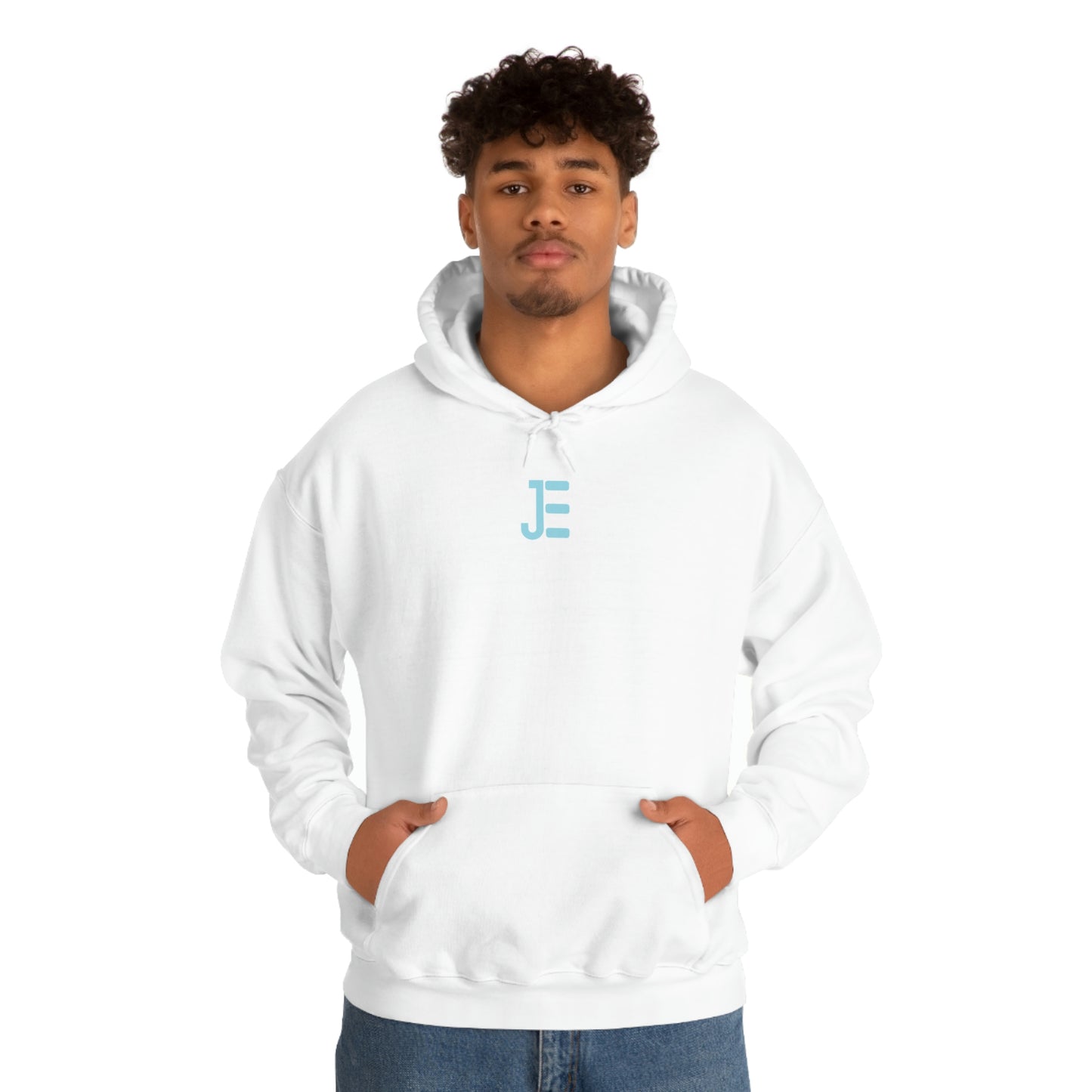 Front JE Blue Letter Logo Hooded Sweatshirt