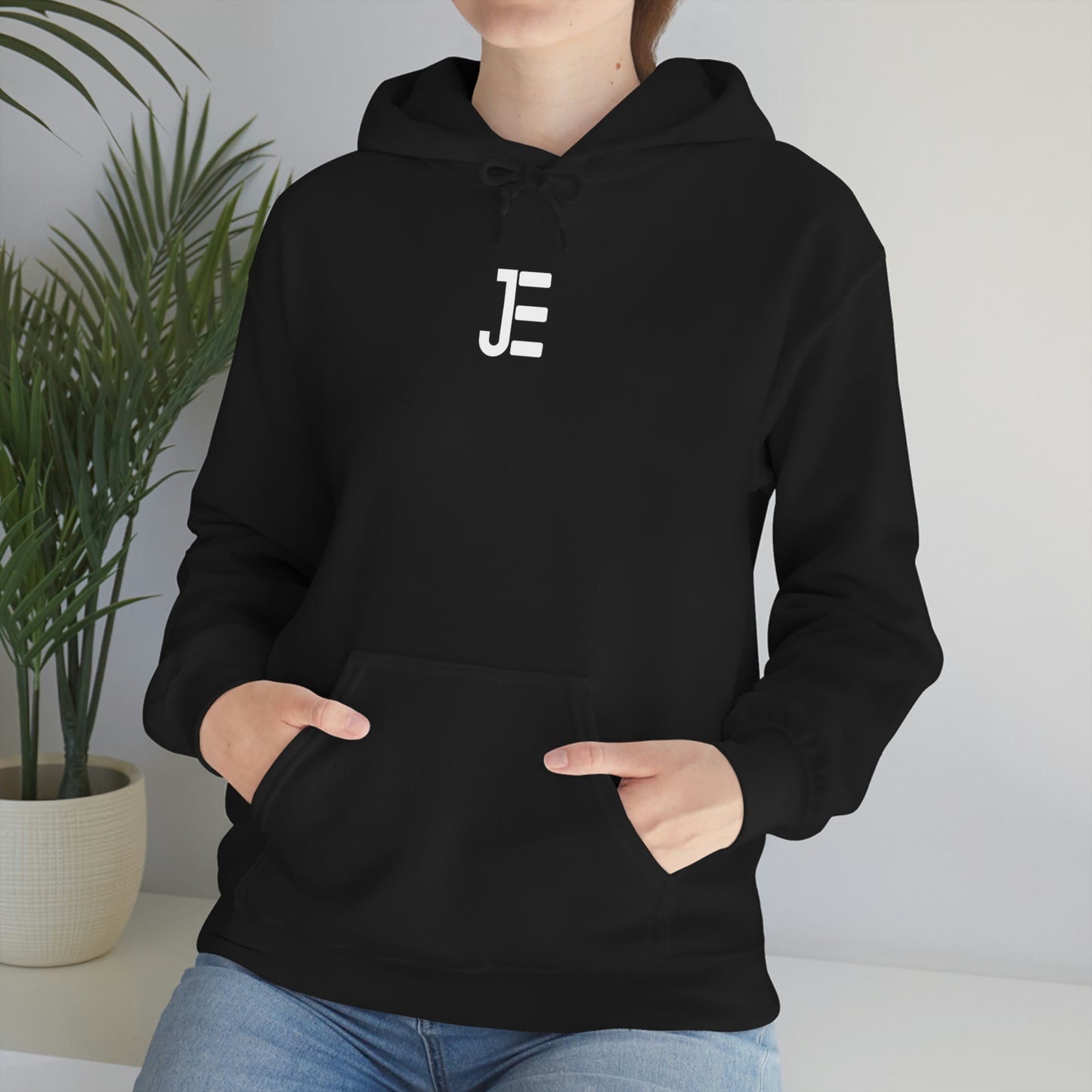 Front JE Letter Logo Black Hooded Sweatshirt