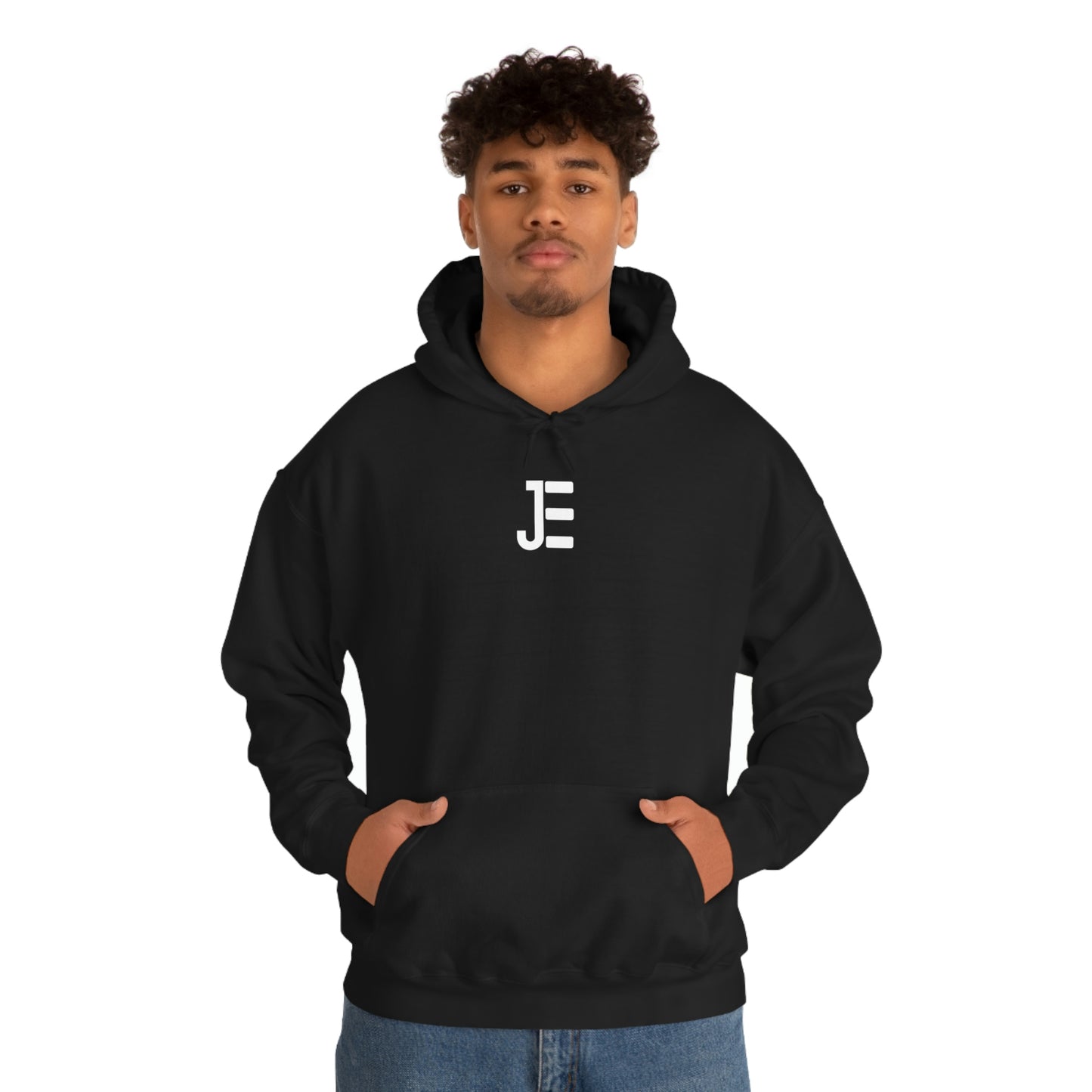 Front JE Letter Logo Black Hooded Sweatshirt