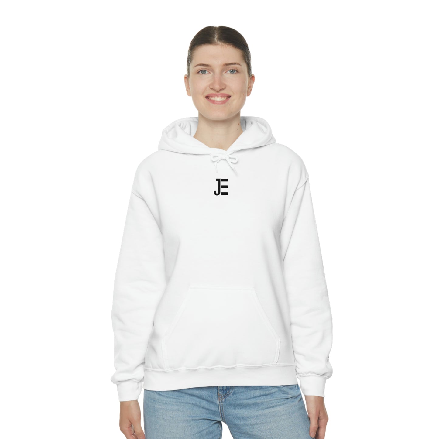 Front JE Black Letter Logo Hooded Sweatshirt